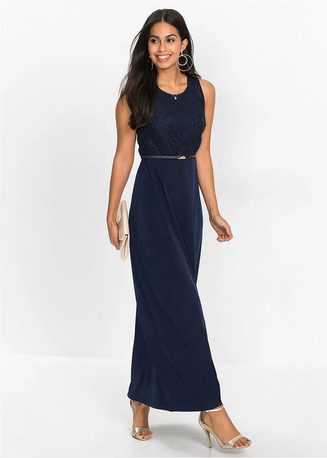 Vestido largo de noche con cinturón (conjunto de 2 unidades) Azul marino